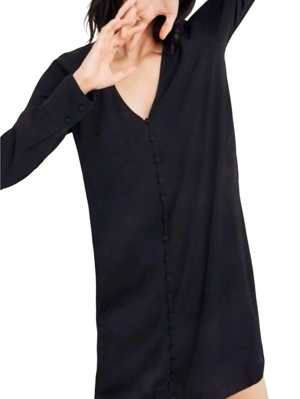 Madewell Heather Long Sleeve Button Black Dress 2021 Crepe V Neck Size M